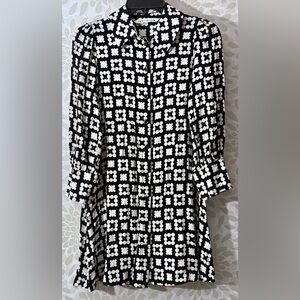 Zara Women’s XS Black White Mod Square Dot Long Sleeve Button Down Shirt Dress